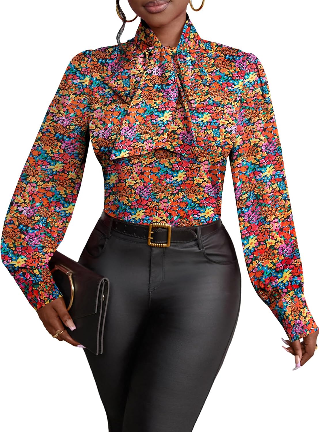 Vrtige Women's Bow Tie Neck Long Sleeve Elegant Blouse Shirt Top