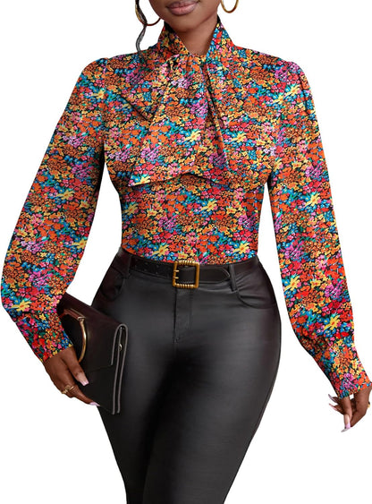 Vrtige Women's Bow Tie Neck Long Sleeve Elegant Blouse Shirt Top
