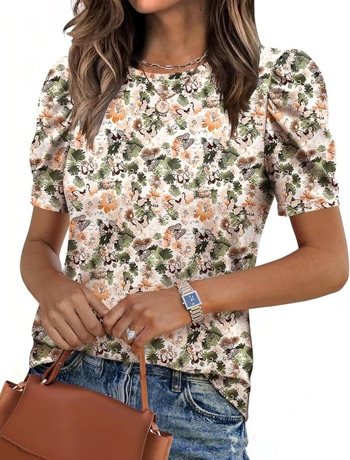Zeagoo Blouse for Women Dressy Casual Puff Short Sleeve Boho Tops Fashion Floral Crew Neck Tunic Shirts Summer Clothes