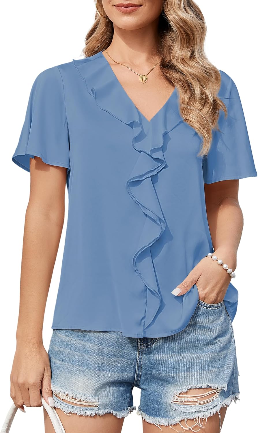 Womens Short Sleeve Ruffle V Neck Blouse Dressy Casual Loose Fit Summer Tops Business Work Elegant Shirts S-XXL
