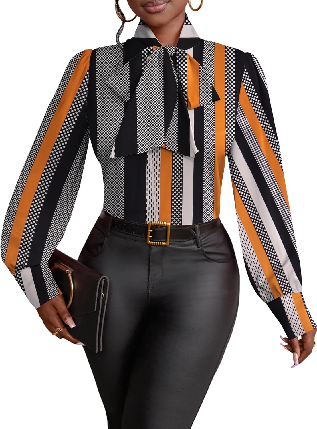 Vrtige Women's Bow Tie Neck Long Sleeve Elegant Blouse Shirt Top
