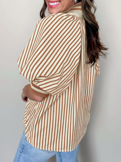 Womens Lantern Short Sleeves Striped Blouse Color Block Drop Shoulder Shirts Top Khaki