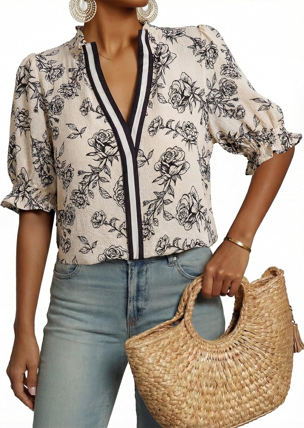 Dokotoo Women's Summer Boho Floral Ruffle Shirt Puff Short Sleeve V Neck Casual Trendy Cute Blouse Tops
