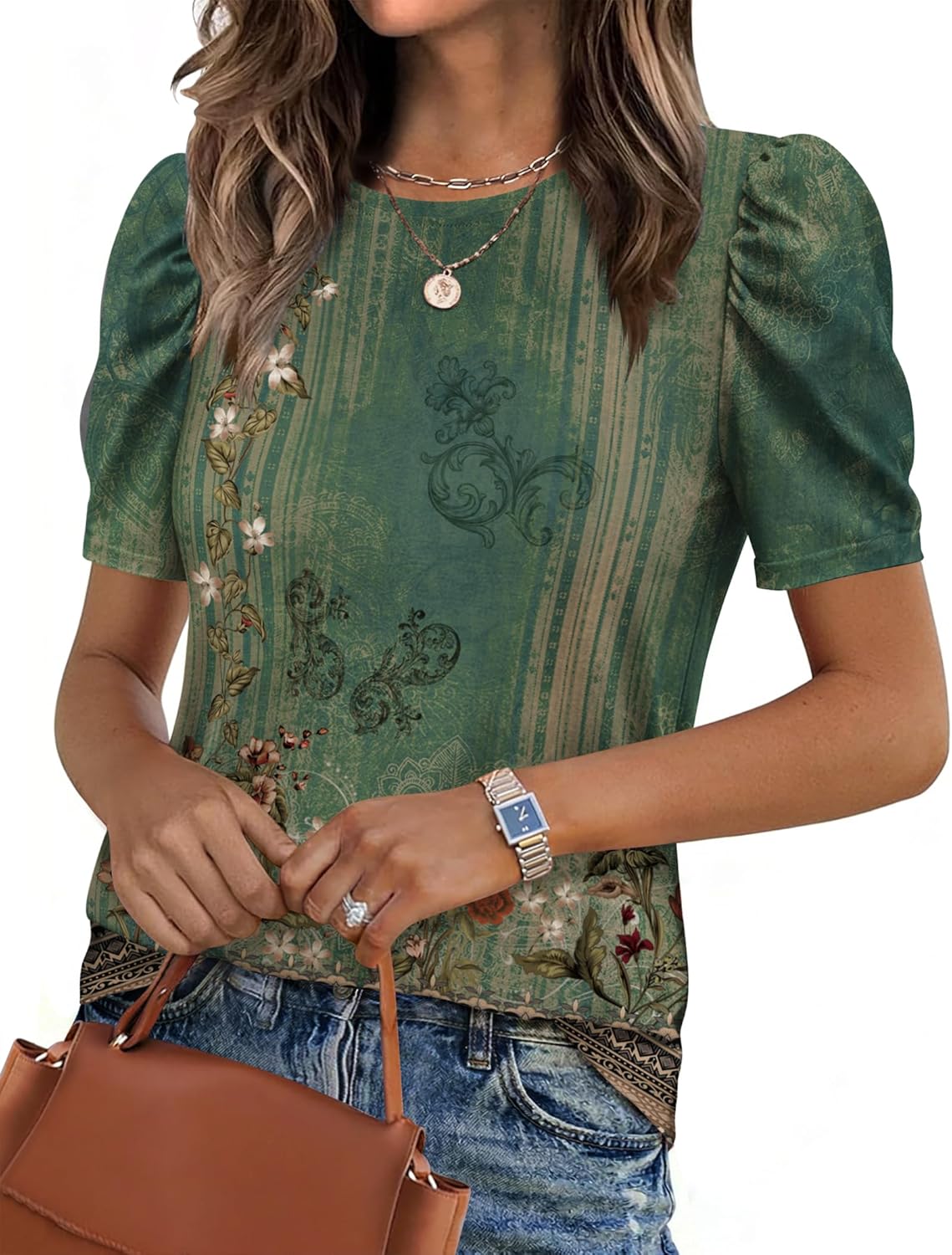 Zeagoo Blouse for Women Dressy Casual Puff Short Sleeve Boho Tops Fashion Floral Crew Neck Tunic Shirts Summer Clothes
