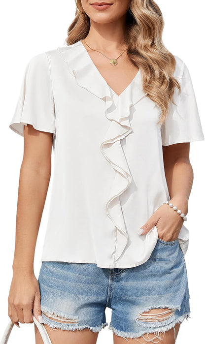 Womens Short Sleeve Ruffle V Neck Blouse Dressy Casual Loose Fit Summer Tops Business Work Elegant Shirts S-XXL