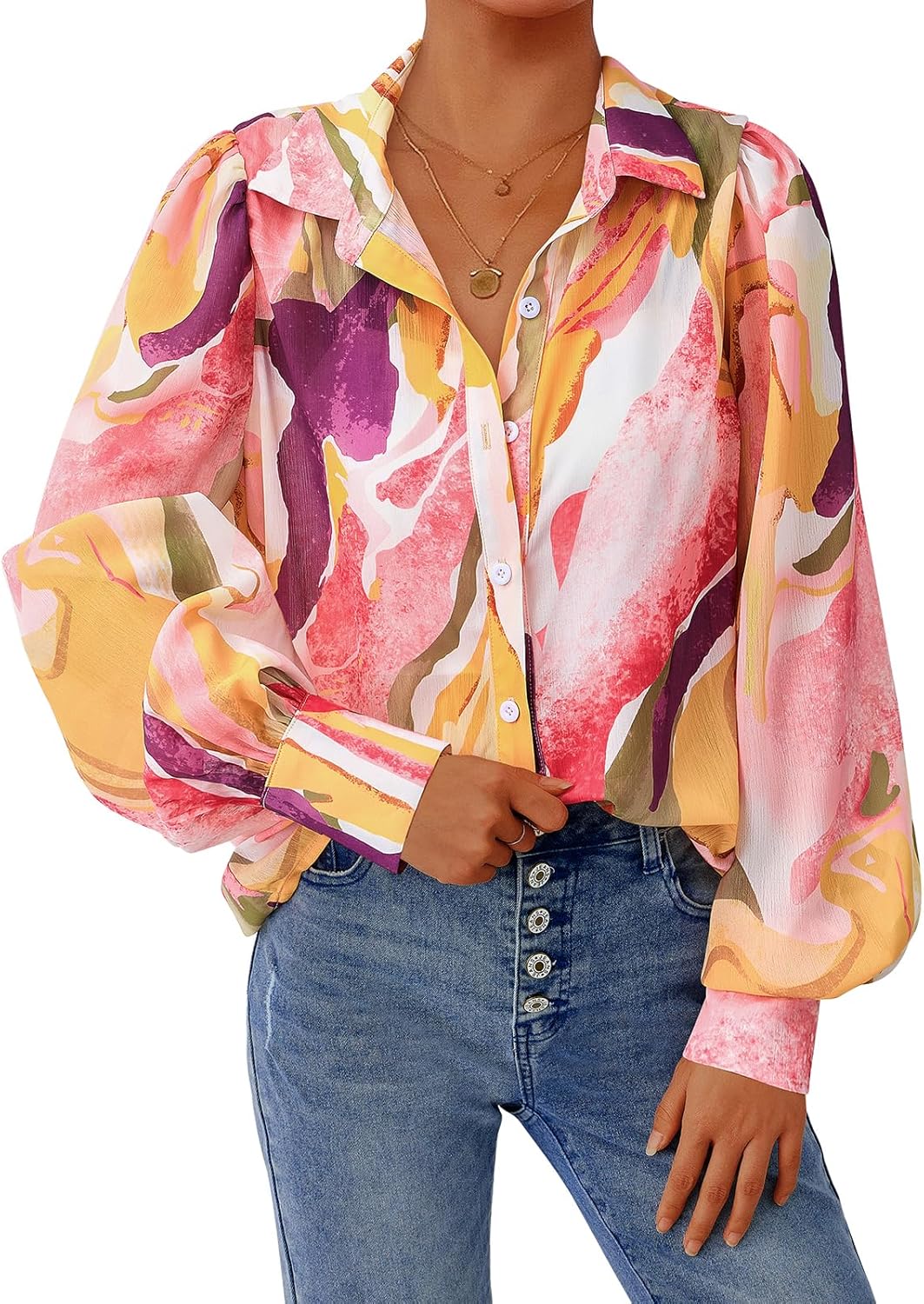 PRETTYGARDEN Women's Floral Blouses Dressy Casual V Neck Button Down Shirts Lantern Long Sleeve Boho Chiffon Spring Tops 2026