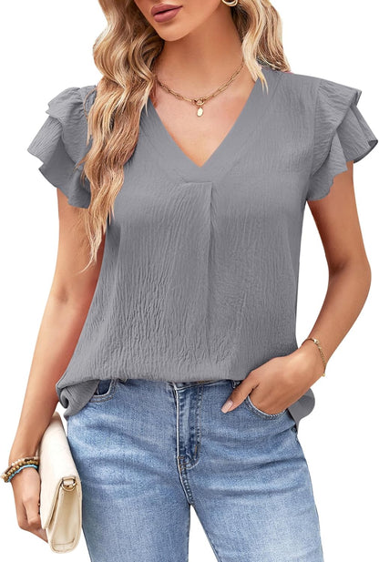 MOLERANI Women's Dressy Casual Shirts Ruffle Short Sleeve V Neck Work Blouses Business Summer Tops 2025 Outfits Clothes