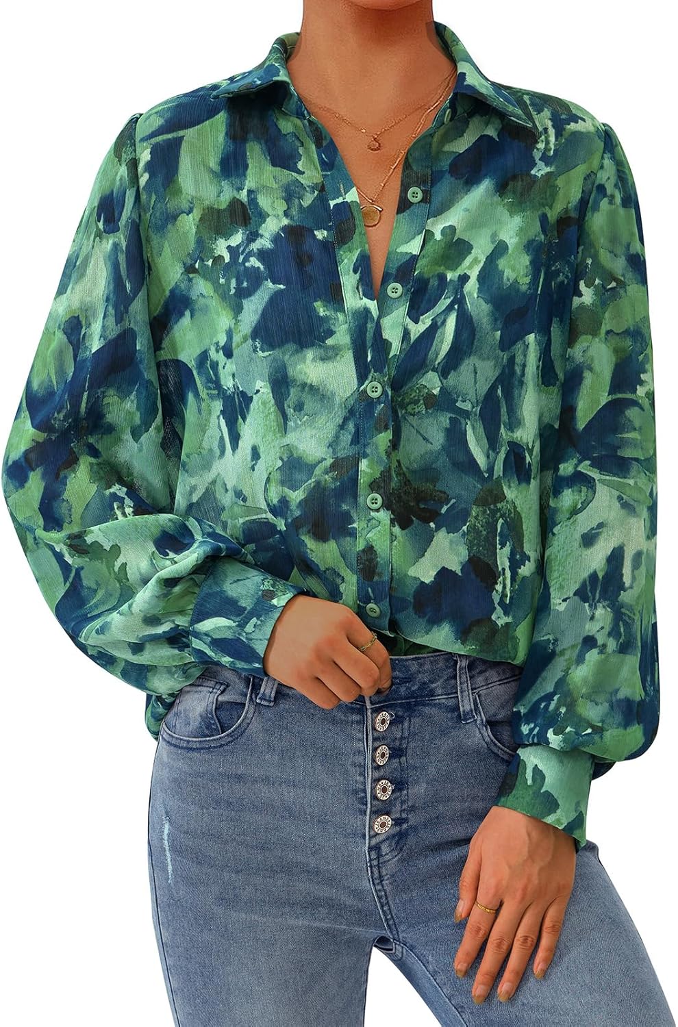 PRETTYGARDEN Women's Floral Blouses Dressy Casual V Neck Button Down Shirts Lantern Long Sleeve Boho Chiffon Spring Tops 2026