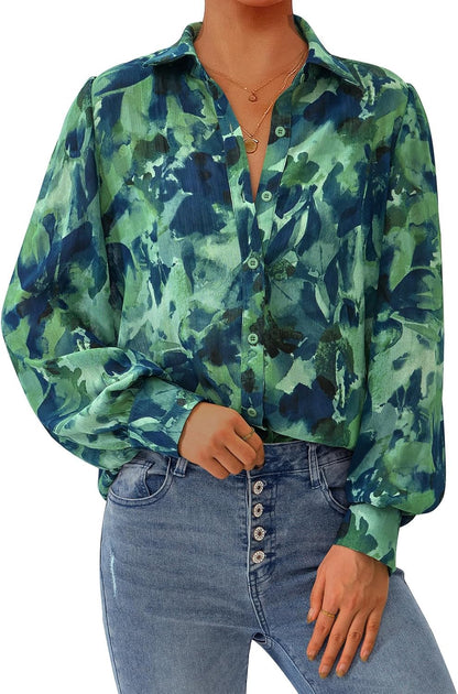 PRETTYGARDEN Women's Floral Blouses Dressy Casual V Neck Button Down Shirts Lantern Long Sleeve Boho Chiffon Spring Tops 2026