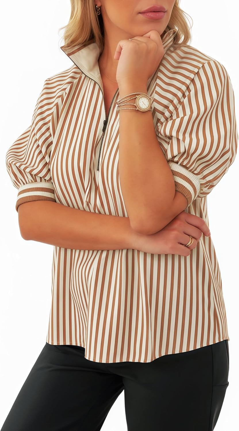 Womens Lantern Short Sleeves Striped Blouse Color Block Drop Shoulder Shirts Top Khaki