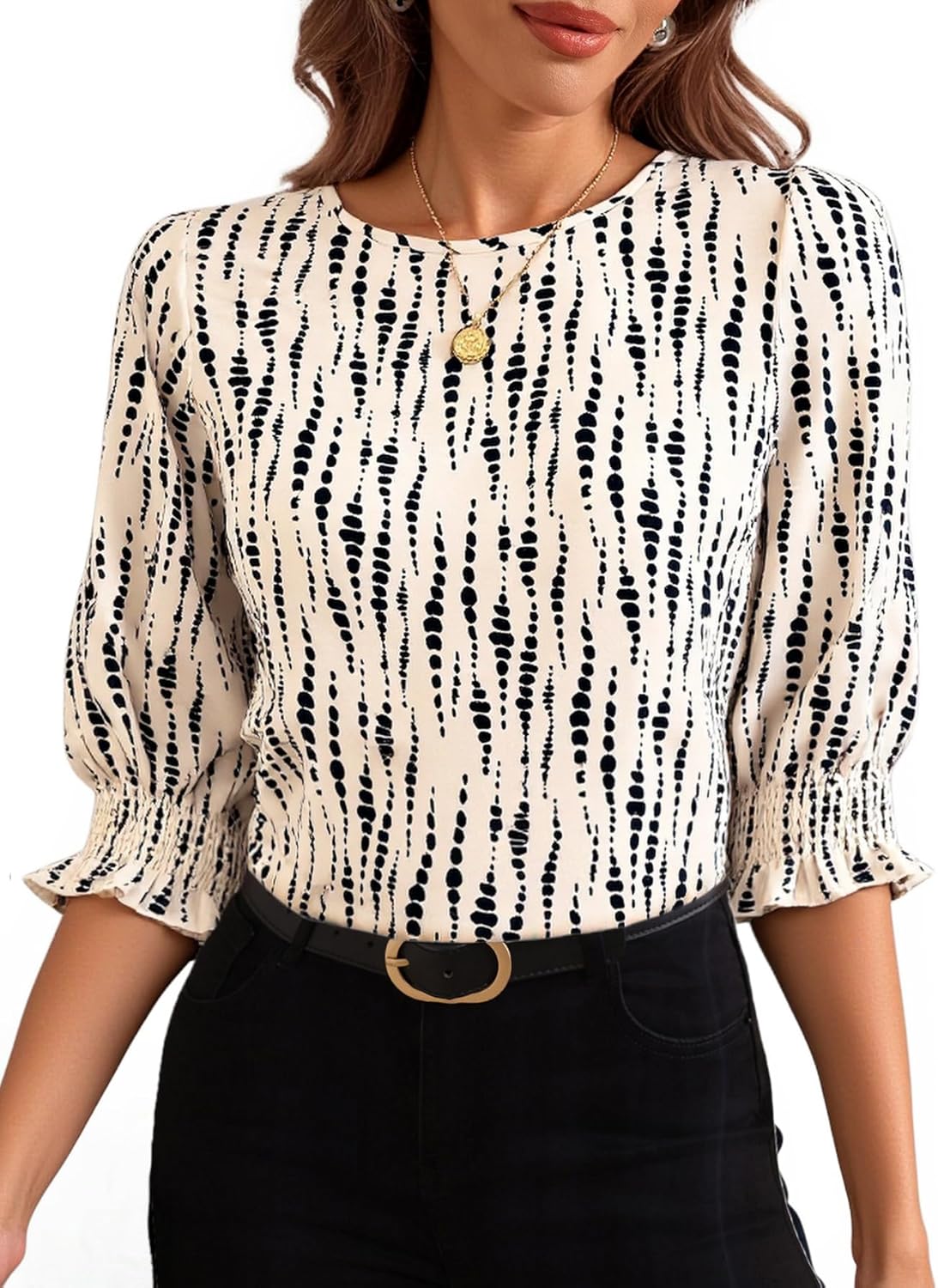 Women's Puff 3/4 Sleeve Graphic Blouse Ruffle Crew Neck Work Office Shirts