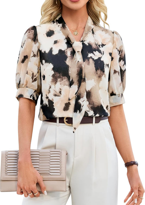 Blooming Jelly Women Business Casual Tops Button Down Shirts Summer Work Short Sleeve Blouses with Tie Neck