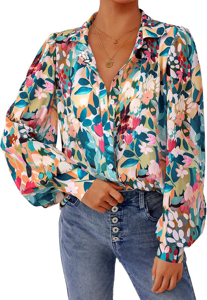 PRETTYGARDEN Women's Floral Blouses Dressy Casual V Neck Button Down Shirts Lantern Long Sleeve Boho Chiffon Spring Tops 2026