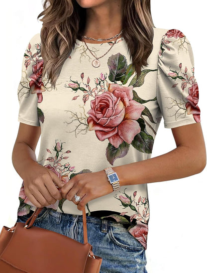 Zeagoo Blouse for Women Dressy Casual Puff Short Sleeve Boho Tops Fashion Floral Crew Neck Tunic Shirts Summer Clothes