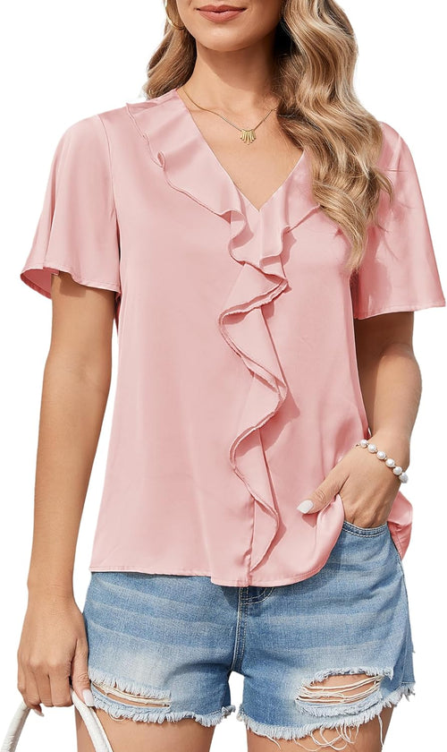 Womens Short Sleeve Ruffle V Neck Blouse Dressy Casual Loose Fit Summer Tops Business Work Elegant Shirts S-XXL