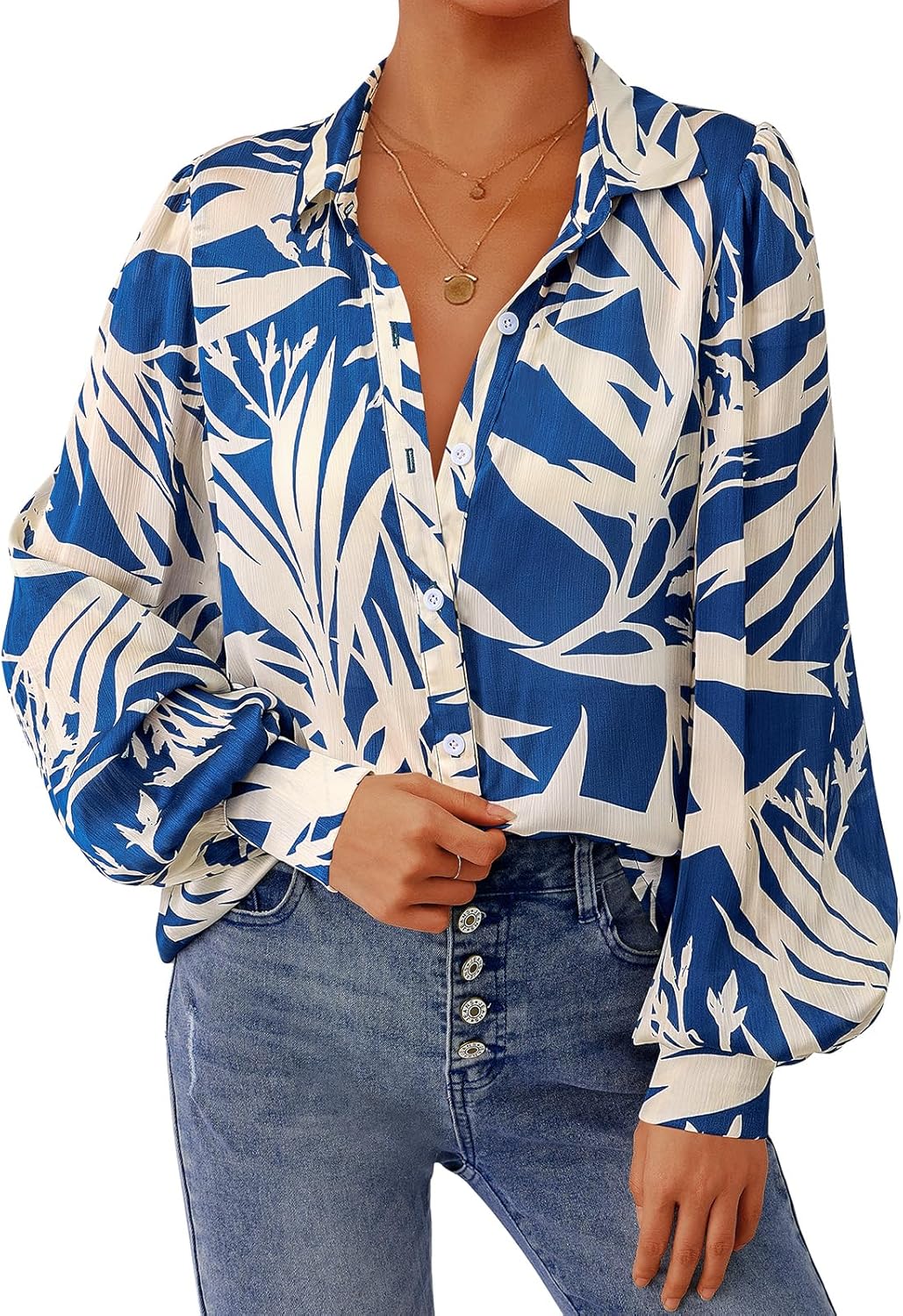 PRETTYGARDEN Women's Floral Blouses Dressy Casual V Neck Button Down Shirts Lantern Long Sleeve Boho Chiffon Spring Tops 2026