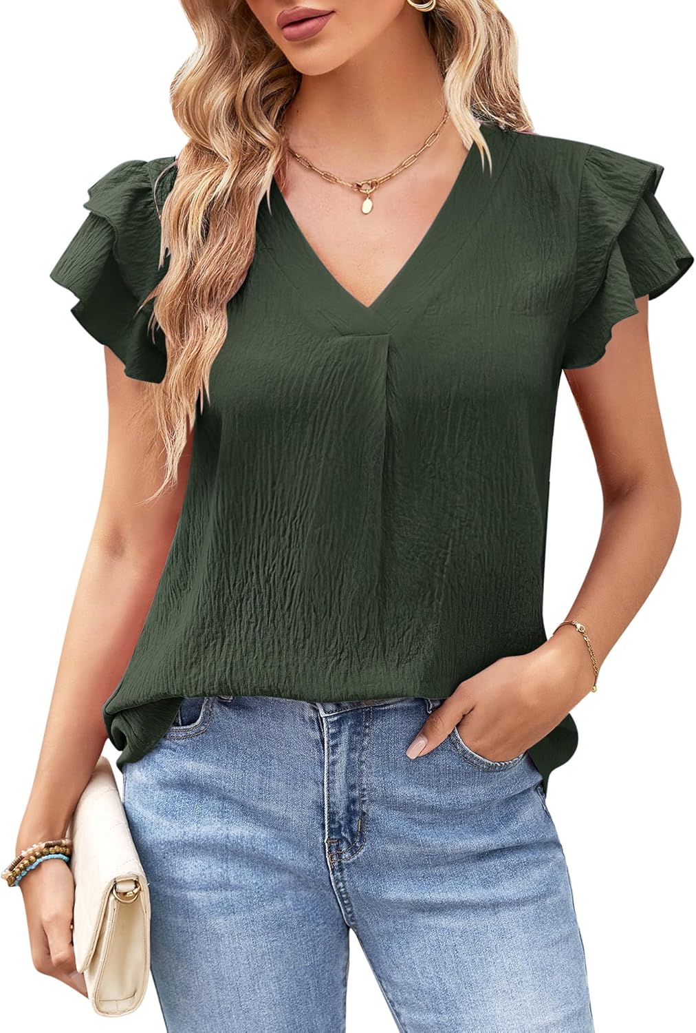 MOLERANI Women's Dressy Casual Shirts Ruffle Short Sleeve V Neck Work Blouses Business Summer Tops 2025 Outfits Clothes