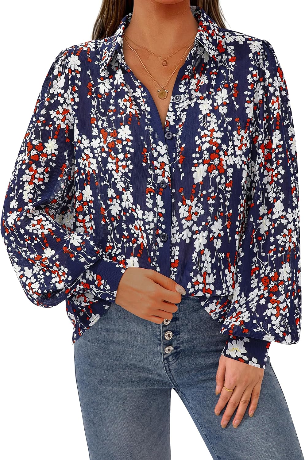 PRETTYGARDEN Women's Floral Blouses Dressy Casual V Neck Button Down Shirts Lantern Long Sleeve Boho Chiffon Spring Tops 2026