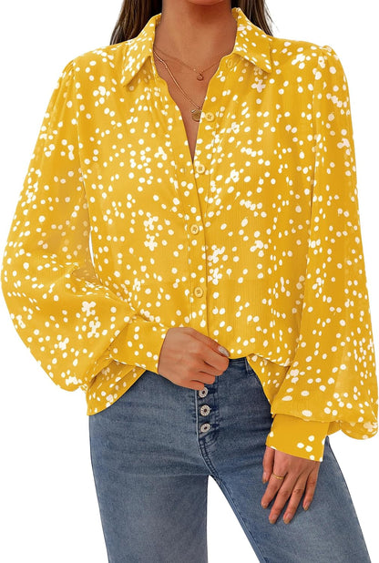 PRETTYGARDEN Women's Floral Blouses Dressy Casual V Neck Button Down Shirts Lantern Long Sleeve Boho Chiffon Spring Tops 2026