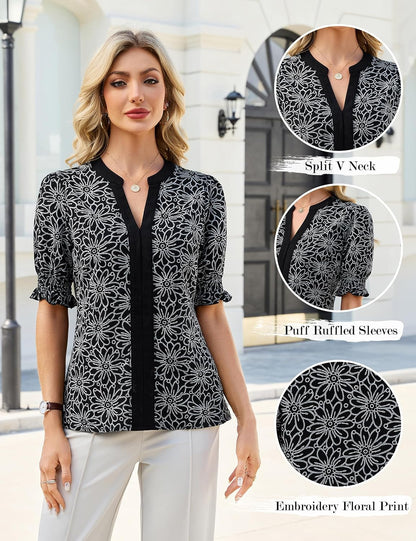 Blooming Jelly Womens Dressy Casual Trendy Blouses Elegant Work Summer Bussiness Tops Floral Puff Sleeve Polyester Shirts (L, Black)