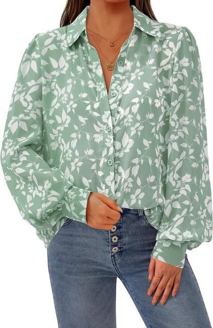 PRETTYGARDEN Women's Floral Blouses Dressy Casual V Neck Button Down Shirts Lantern Long Sleeve Boho Chiffon Spring Tops 2026