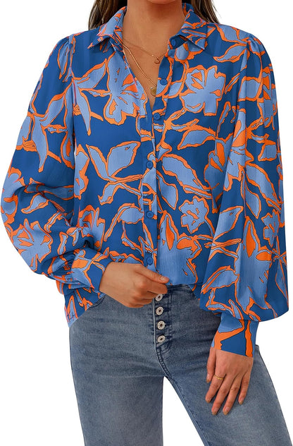 PRETTYGARDEN Women's Floral Blouses Dressy Casual V Neck Button Down Shirts Lantern Long Sleeve Boho Chiffon Spring Tops 2026