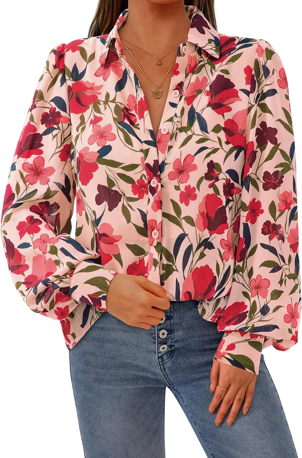PRETTYGARDEN Women's Floral Blouses Dressy Casual V Neck Button Down Shirts Lantern Long Sleeve Boho Chiffon Spring Tops 2026