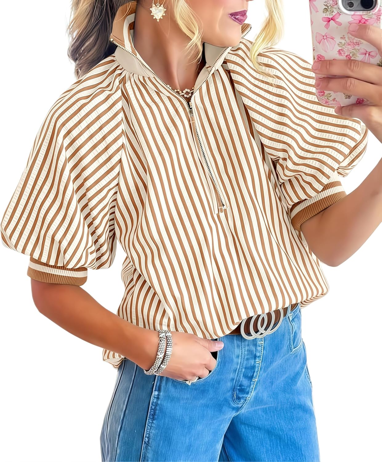 Womens Lantern Short Sleeves Striped Blouse Color Block Drop Shoulder Shirts Top Khaki