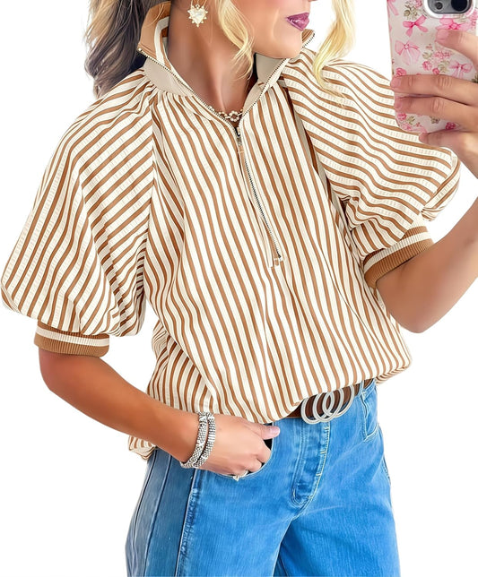Womens Lantern Short Sleeves Striped Blouse Color Block Drop Shoulder Shirts Top Khaki