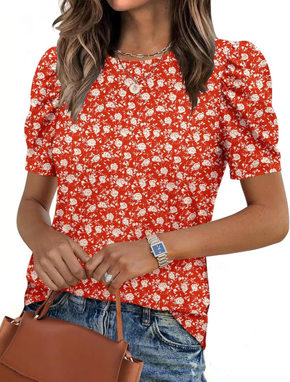 Zeagoo Blouse for Women Dressy Casual Puff Short Sleeve Boho Tops Fashion Floral Crew Neck Tunic Shirts Summer Clothes
